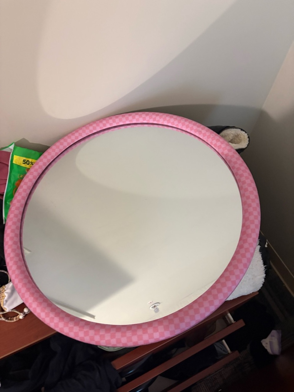 Pink Round Wall Mirror with Patterned Frame